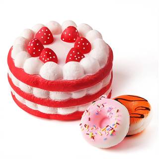 KUUQA スクイーズー 低反発 3個セット Squishy ケーキ(ラージ) ドーナツ(スモール) ストラップ キーリング ストレス発散 香り付け 誕生日 プレゼント（色ランダム） (56938)
